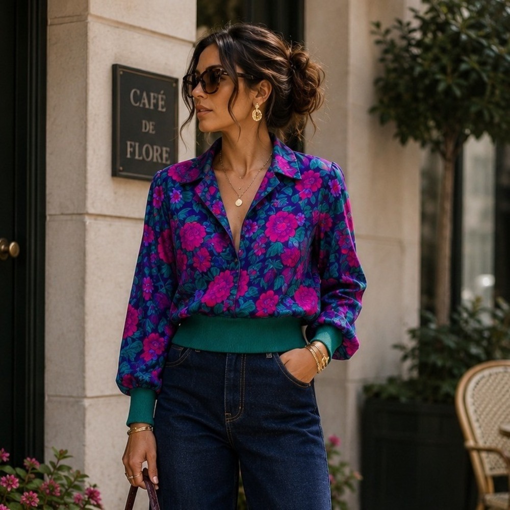 Castleberry Vintage 80s Floral Puff Sleeve Blouson Knit Blouse Purple Teal Sz 8